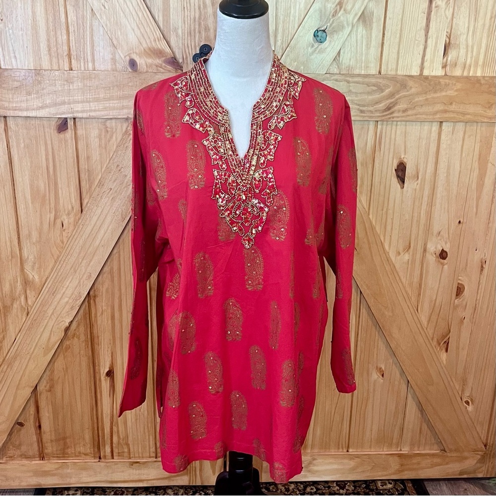 Denim 24/7 Red and Gold Ladies Embellished Long Sleeve Tunic - Picture 11 of 11